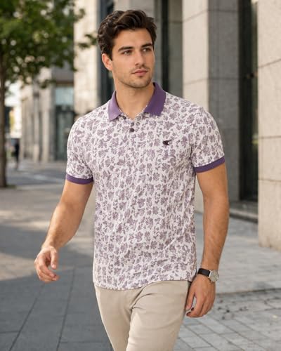 Image of Allen Cooper Men's Cotton Blend Printed Polo T-Shirt Regular Fit Breathable Soft Fabric Casual Wear Stylish Floral Print Collar T-Shirt Summer Comfort (500327 Purple S /M /L /XL /XXL)