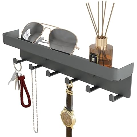 SZUGCOTD Key Holder for Wall Rustic Key and Mail Organizer 6 Key Hooks with Shelf Small Key Rack with Tray Adhesive Key Hanger Wall Mount for Entryway Hallway Living Room Decor, Metal, Gray Cover