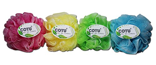 4 Pack of COTU Brand Exfoliating Bath Shower Mesh Pouf Sponge (Color Style # 4)