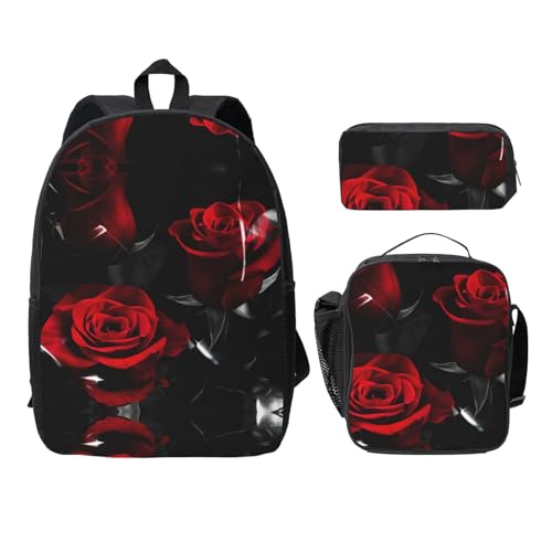 Mochila escolar ligera negra de rosas rojas con lonchera térmica y bolsa para lápices juvenil