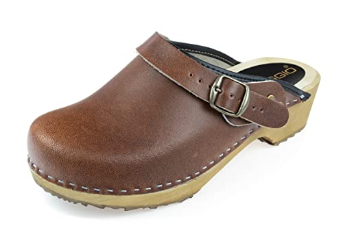 APREGGIO Schwedische Holzschuhe für Damen Leder Clog Damen High Heel Schuhe Handgefertigt Pantoletten Braun 41 Cover
