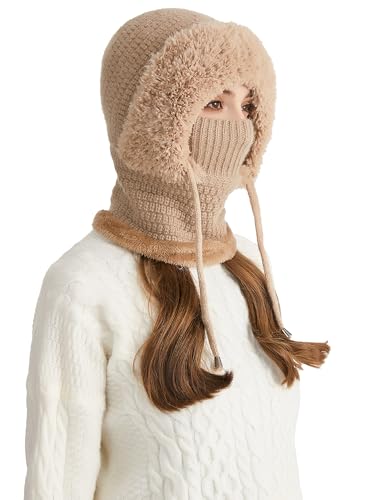 Women Ski Mask Balaclava Fleece Hood Winter Hat with Neck Cover Face Cover Mask for Outdoor Sports Walking Thick Warm Ear Guard Hat Khaki