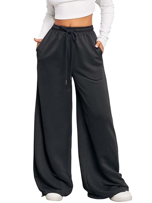 Women's Wide Leg Sweatpants - High Waisted Baggy Joggers with Pockets, Oversized Cinch Bottom Lounge Pants, Cotton Blend Relaxed Fit Streetwear Trousers