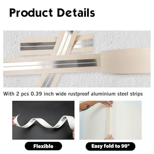 Image of ROLLINGDOG Reinforced Drywall Corner Tape, 2 inch x 98.4' Drywall Tape No Adhesive Side, Inside Outside Corner Bead with Metal for Wall Crack Repair