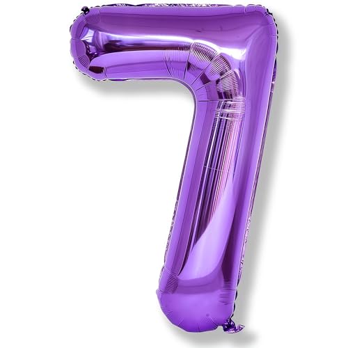 7th Birthday Number Balloon for Girls, 40 Inch Giant Mylar Purple 7 Balloon, Helium Self Inflating 7 Number Foil Balloon for Kids Birthday Party Decor Anniversary Graduation Party Decorations Supplies