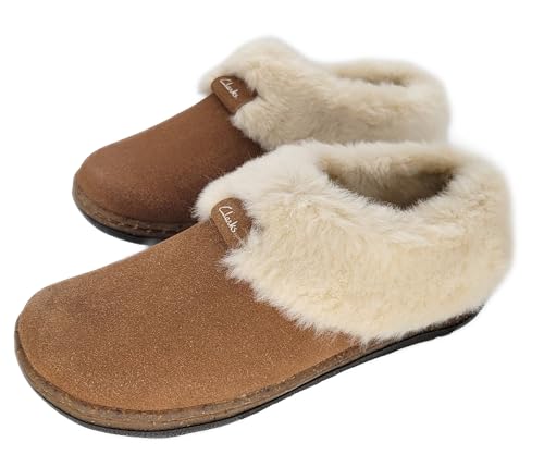 Clarks Womens Slipper Suede Leather Plain Toe - Plush Faux Fur Collar/Lined With A Cork Midsole - Open Back Indoor Outdoor House Slippers For Women (Cognac US 92