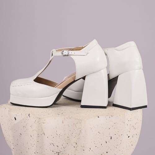 Women's T Strap Platform Mary Jane Pumps Square Toe Closed Chunky Heels Block Hollow Ankle Strap Buckle Wedding Evening Party Prom Dress Shoes2