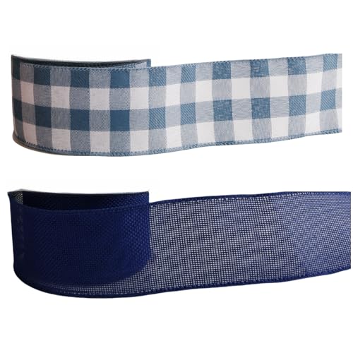 Meseey 2.5 Inch Burlap Wired Ribbon Set 2 Rolls Total 10 Yards Blue White Buffalo Check & Solid Navy Blue Wired Edge Ribbon for Wreaths Bows Gift Wrapping Farmhouse & Patriotic Decor