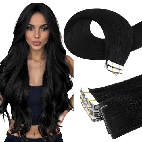 Full Shine Tape in hair Extensions Invisible Virgin Color 1 Black 10Pcs Injected Tape in Real Human hair Extensions Silky Straight Seamless Skin Weft 22 Inch Natural 25Gram Add Length for Wedding