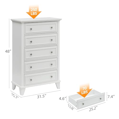 GAOMON White 5 Drawer Dresser for Bedroom, 48" Tall Wood Dresser & Chests of Drawers with Deep Drawers, Modern Chest Organizer with Metal Handles for Living Room, Hallway, Entryway