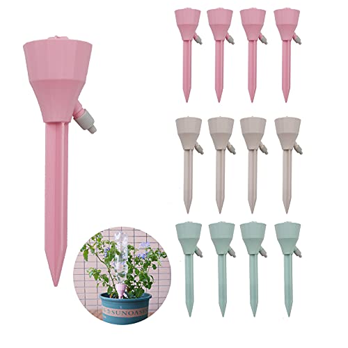 ATXOI 12Pcs Self Watering Spikes- Adjustable Water Volume Drip Irrigation System- Drip Irrigation Kit Automatic Watering Device for Plants, Fruits and Indoor Potted Plants(4 White&4 Green&4 Pink)