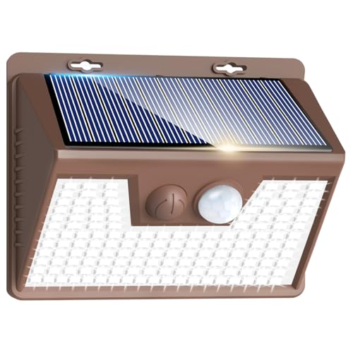 Image of Peasur Solar Lights Outdoor Motion Sensor [1 Pack /140LED /Brown], Ultra-Bright 3 Mode Fence Security Light Waterproof, Solar Wall Lighting for Patio Yard Step House Outside