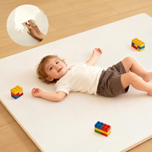 LevNubis PU Leather Baby Play Mat for Floor, 50'×50' Playpen Mat, 1.3' Thick Elasti-Foam, Non-Slip Crawling Mat for Tummy Time, Waterproof & Wipe-Clean Playmat for Toddler,Infant, Kids (Beige)