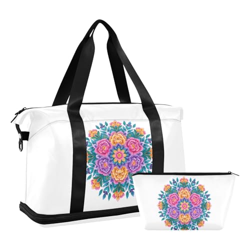 Peony Mandala Teal Travel Duffel Bag for Women Men Gym Bag with Shoe Compartment Wet Pocket Carry On Weekender Overnight Bags for Yoga School Travel Gym2