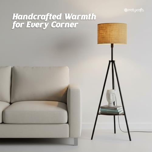 Image of PrettyKrafts Natural Floor Lamp with Shelf (Bulb Not Included) | Wooden Standing Lamp with Decorative Shelf | Modern Decorative Floor Light for Living Room, Bedroom & Study | Size 30 x 30 x 140 cm
