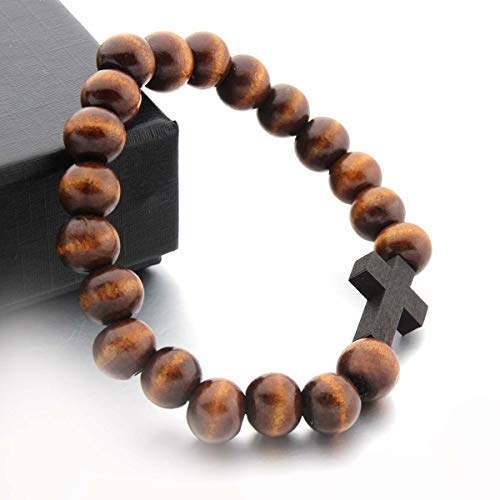 COLORFUL BLING Fashion Religious 10MM Wooden Beads Cross Bracelet for Men Women Faith Prayer Handmade Catholic Jewelry4