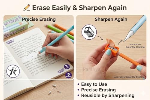 Image of Parshya Magic Pencil Shape Eraser Set with Sharpener | Premium Wooden Body Erasers for Kids, Students & Artists | Smooth Non-Dust Erasing | Ideal Birthday Return Gift(Pack of 2 Set)