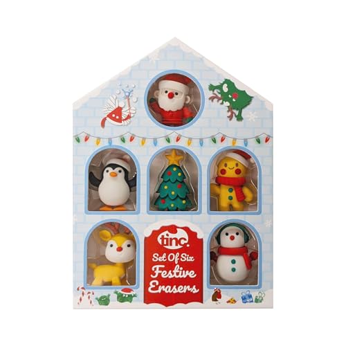 Tinc Festive Erasers | Set of 6 | Christmas House Display Box | Perfect for School Gifting or as a Stocking Filler