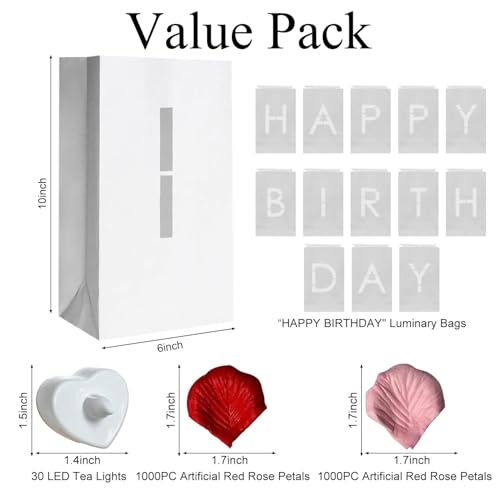 Image of Happy Birthday Decorations for Women Men, Light Up Letters Luminary Bags with 30PC Bright LED Candles and 2000PC Fake Rose Petals, Surprise Birthday Party Banner Signs
