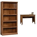 Sauder 5-Shelf Split Bookcase, Oiled Oak Finish & Shoal Creek Computer Desk, Oiled Oak Finish