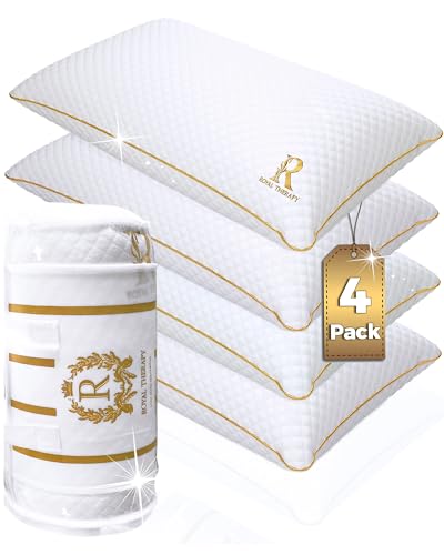 Royal Therapy Queen Memory Foam Pillows 4-Pack - Shredded Memory Foam Pillow for All Sleep Positions - Medium Firm Pillow with Adjustable Loft, Bamboo Rayon Cover, CertiPUR-US, Oeko-TEX Certified