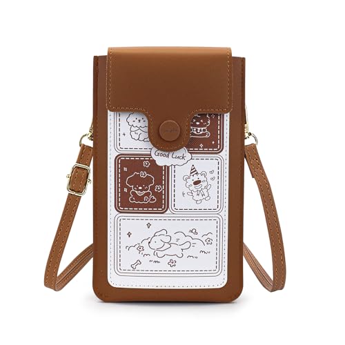 Phone Wallet Bag, Leather Touchable Cross Body Phone Bag Lovely Phone Bag Purse with Snap and Strap Phone Bag Wallet for Girls Ladies (Brown)