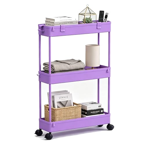 Image of SPACELEAD Slim Storage Cart 3 Tier,Bathroom Organizer Rolling Utility,Mobile Shelving Unit Slide Out for Office, Kitchen, Laundry Room & Narrow Places,Purple