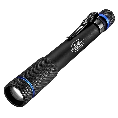 Police Security Aura Penlight Flashlight - 270 Lumens - 90 Meter Beam Distance - Ultrabright Water Resistant Durable & Compact Penlight w/Adjustable Slide Focus Light Up Bezel & Belt Clip - (Black)
