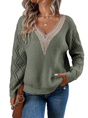Image of SOLY HUX Women's Contrast Lace Sweater V Neck Long Sleeve Drop Shoulder Pointelle Knit Pullover Tops Plain Mint Green Large