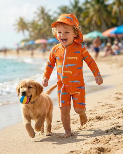 DivingBirds Baby Badeanzug Jungen, Langarm Schwimmkleidung mit Diagonal-Reißverschluss Kleinkind Jungen, Einfaches An- Und Ausziehen, Orange für 12-18 Monate