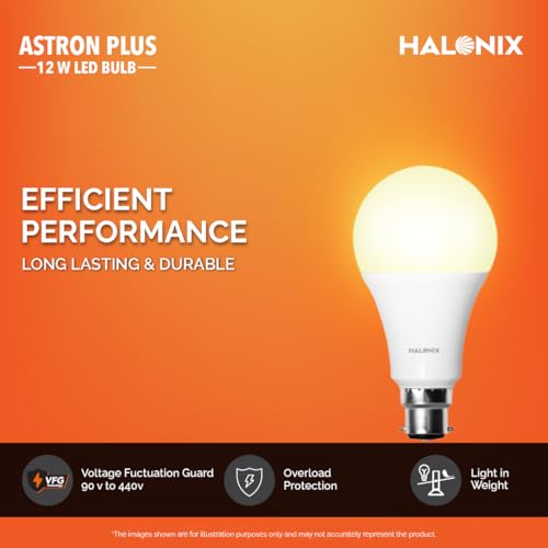 Image of Halonix 12W LED Light Bulb | Yellow (3000K) |Pack of 2|Energy Efficient| 4kv Surge Protection | High Lumens per watt, B22