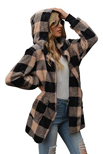 SENSERISE Womens Fuzzy Fleece Jacket Open Front Hooded Cardigan Tie Dye Plaid Sherpa Coat with Pockets(Khaki Plaid,L)