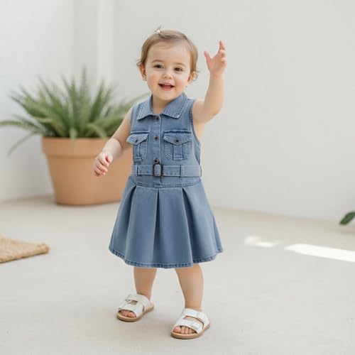 Toddler Girls Denim Dress Sleeveless Collared Neck Jean Shirt Dress Little Girl Dresses with Belt2