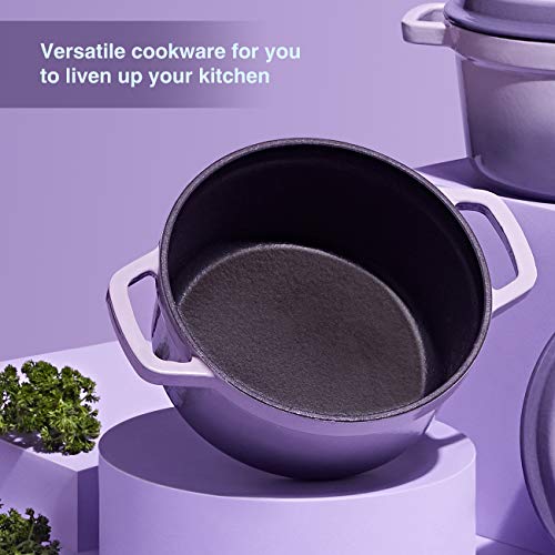 Sulives Non-Stick Enamel Cast Iron Dutch Oven Pot with Lid Suitable for bread baking use on gas electric oven 3 Quart for 2-3 people(Purple)