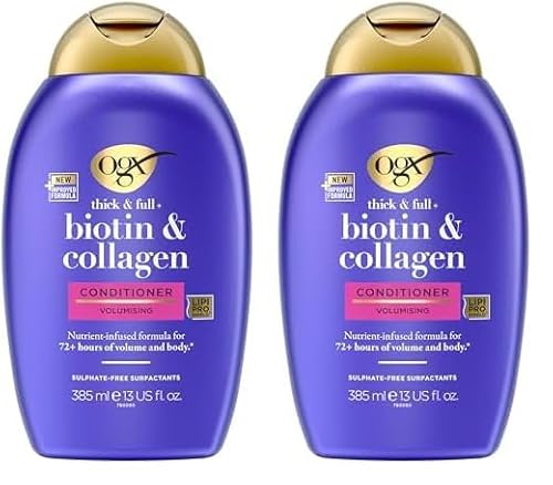 OGX Biotin & Collagen Conditioner (385 ml), reichhaltige Haarspülung für 72h+ Volumen & Fülle mit Biotin & Kollagen, Haarpflege Volumen Spülung für feines & dünnes Haar mit LipiPro Shield Technologie
