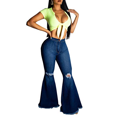 EVEDESIGN Women's High Waist Bootcut Flared Jeans Bell Bottom Flared Jeans Plus Size (RipBlue2, L)