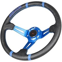 13.8Universal Deep Dish Racing Steering Wheel with Vinyl Leather Aluminum Blue Spokes 6 bolts Drifting Steering Wheel with Horn Button