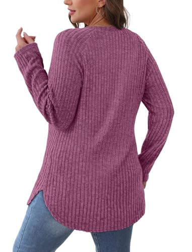 Image of Saloogoe Long Sleeve Shirts for Women 2025 Fall Clothes Tunic Tops Loose Fit Dressy Crewneck Pullover Sweaters Curved Hem