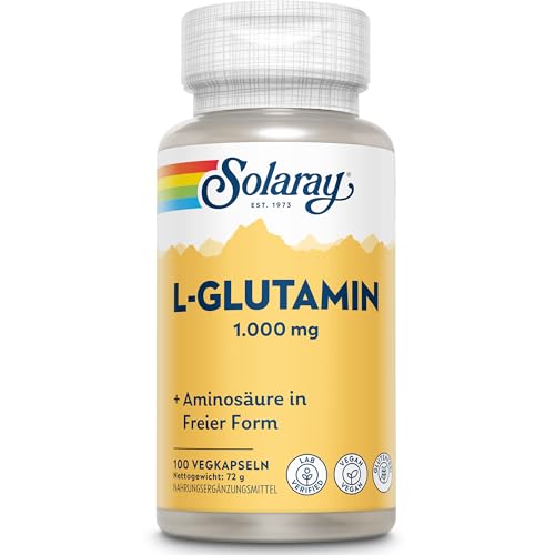 Solaray - L-Glutamin 1000mg - 100 Vegane Kapseln nicht Pulver - Hochdosiert Aminosäure - 500mg reines Glutamin pro Kapsel - Laborgeprüft