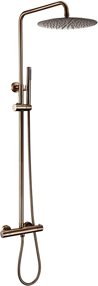OZBMA Thermostatic Shower Mixer Set, Multi-Function Wall Mount Exposed Column Bathroom Faucet with Diverter Rain Head, Solid Brass suit Set Head and Ho (Rose Gold 12 inch)