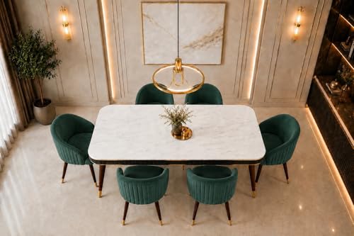 Image of WOODEN SPACE 6-Seater Wooden Dining Table Set | Nano Composite Marble Top | Solid Wood Base | Modern Dining Room Furniture with 6 Chairs (Dark Green)
