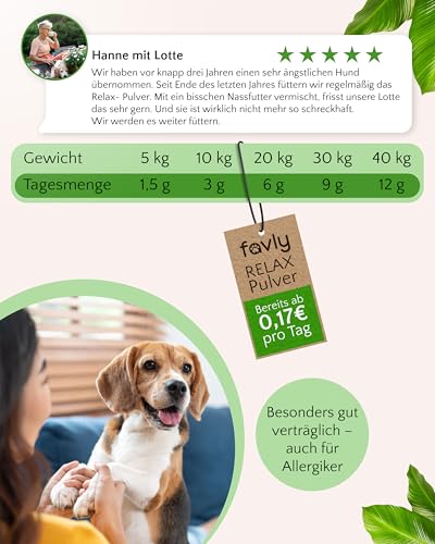 FAVLY – Relax Pulver Beruhigungsmittel für Hunde 250g – getreidefreies Ergänzungsfuttermittel zur natürlichen Beruhigung bei Stress & Angst – mit Melisse, L-Tryptophan & Passionsblume