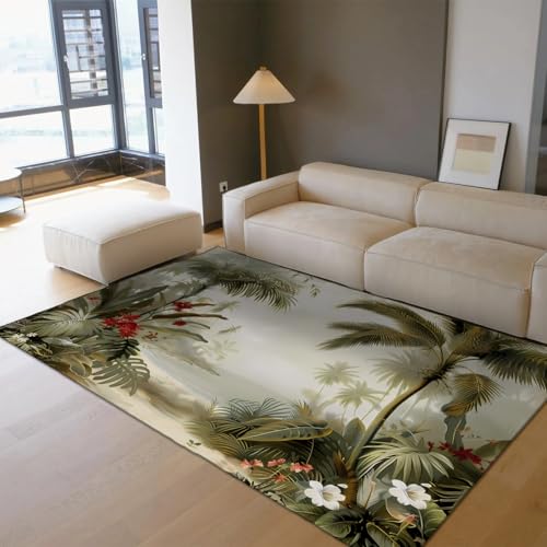 リビングルーム用洗えるジャングルエリアラグ滑り止めソフトナーサリーラグトロピカルアイランドヤシの木フローラルパターンカーペット寝室プレイルーム用 80x150cm