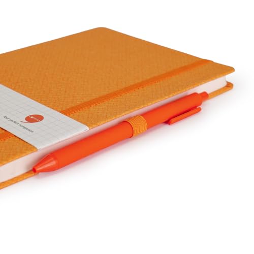 Image of COMMA Abaca - A5 Size - Checks Hard Bound Notebook with Pen & Elastic Band Closure - 192 Pages - 80gsm Natural Shade Paper - Textured Cover Material - (Orange)