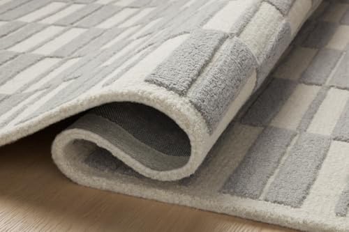 Image of Modern (High Low Pile) Pattern Wool Carpet with Loop Texture Yarn Anti Shedding Carpet Size 4x6 Feet B0 Grey Ivory Color