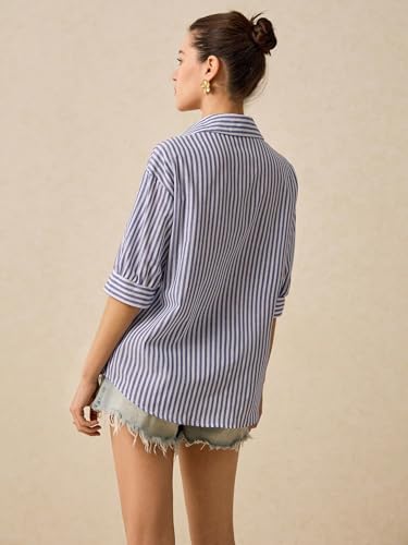 Image of IndoPrimo Women's Classic Fit Striped Print Poly Cotton Shirt with 3 /4 Sleeve Mandarin Neck Standard Length and Button Down Closure Type