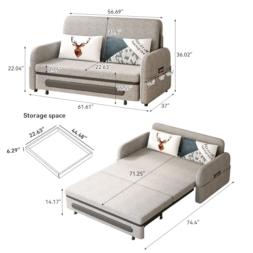 Pull-Out Sofa Bed - Versatile Futon Sleeper Couch for Living Room and Small Spaces(34.25"" D x 59.84"" W x 37.4"" H)- Gray/White RV Lounge (61.61" Gray)
