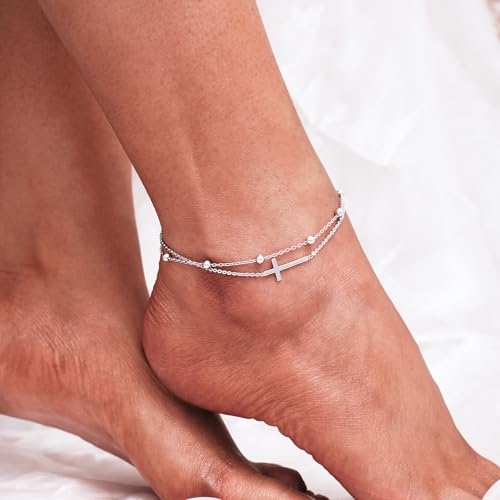 CHIC & ARTSY Womens Sterling Silver Created Opal Layered Anklet Bracelet Dainty Beaded Chain Adjustable 11" Best Friend Anklet3