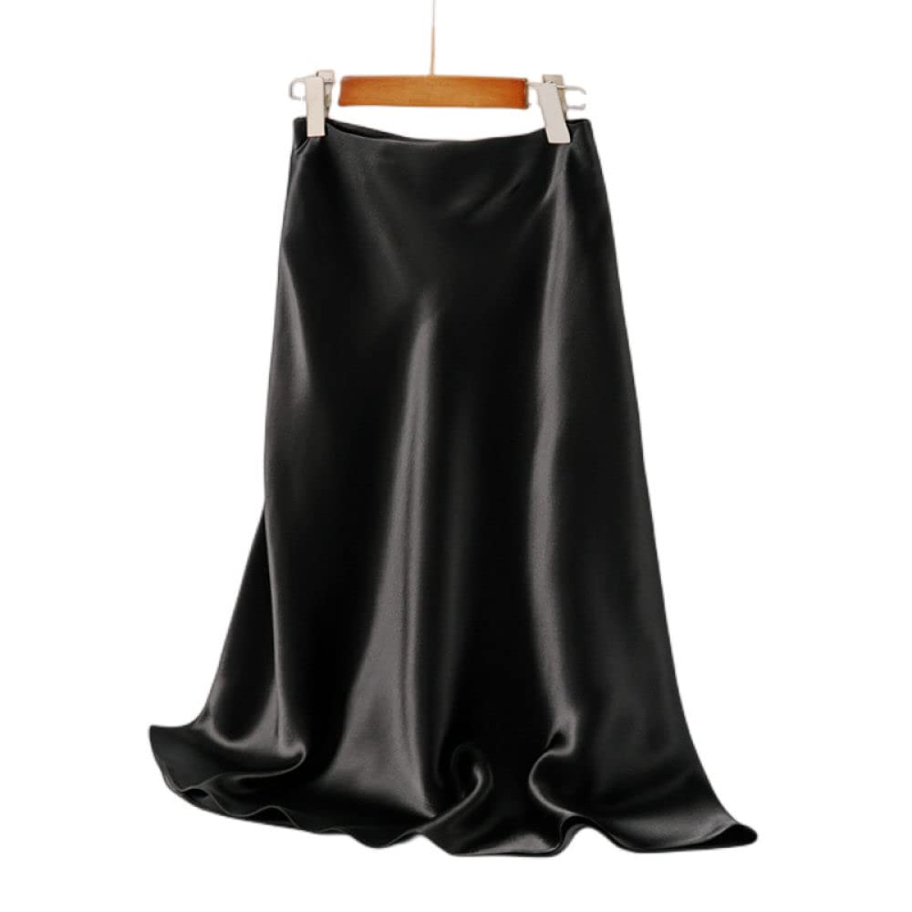 OZEO Röcke,Damen-Midiröcke Aus Glattem Satin, Schwarz, Mit Hüften Umwickelter Rock In A-Linie Mit Hoher Taille, Gerüscht, Glänzend, Cocktailparty, Elegantes Büro, Lange Röcke Für Mädchen, Damen,M