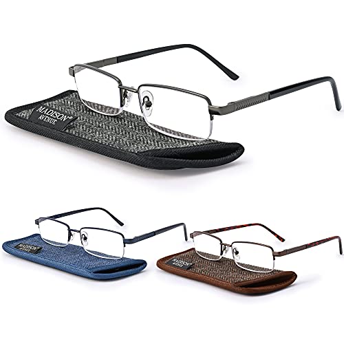 Madison Avenue 3 Pack Metal Half Frame Blue Light Blocking Reading Glasses for Men Spring Hinge +1.0